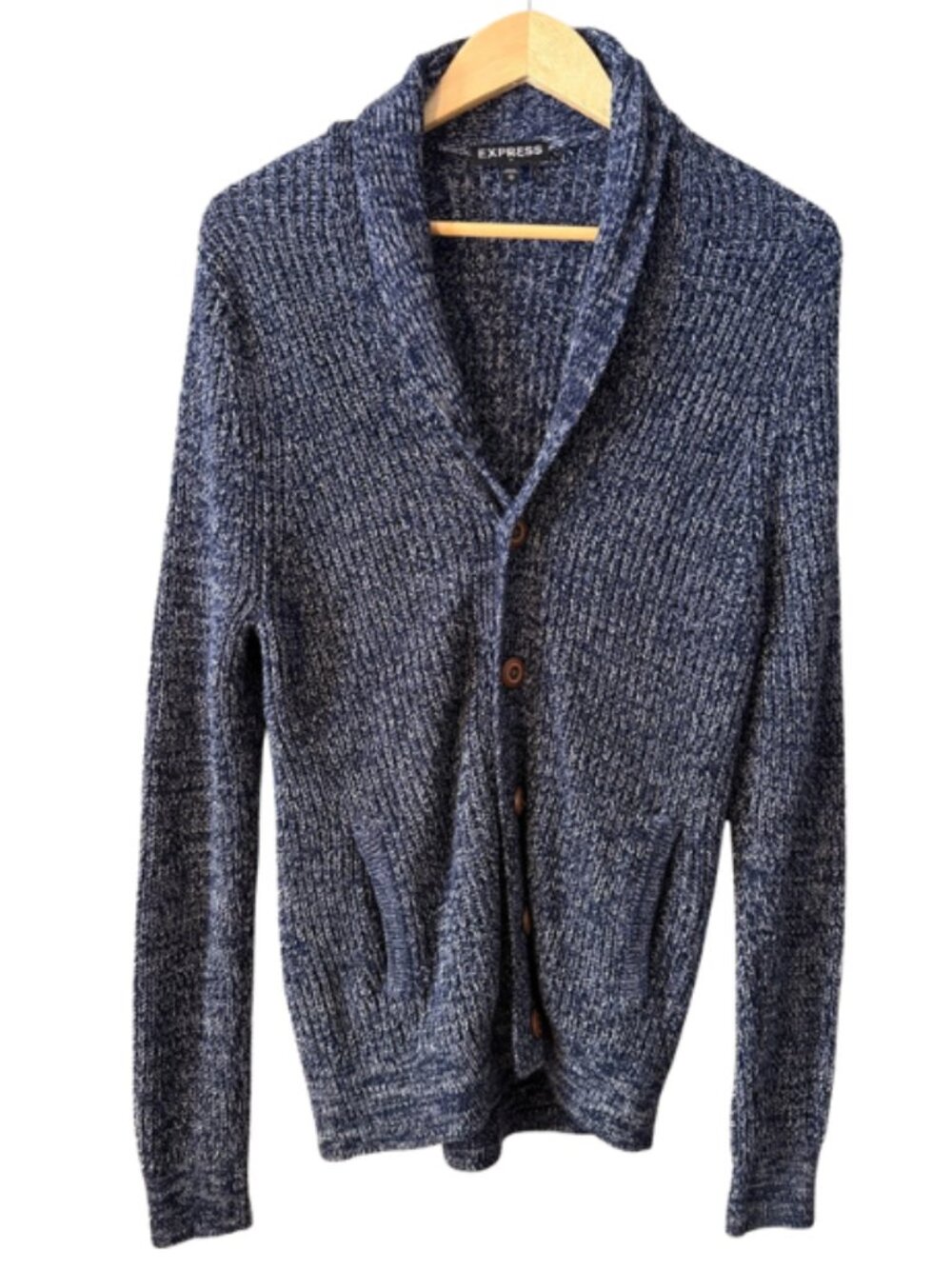 Express Shawl Collar Cardigan Medium Navy Marled Knit Grandpa Sweater